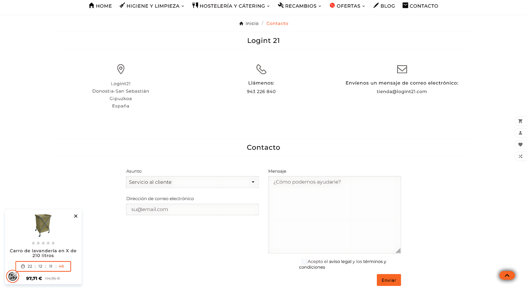 Página de contacto del proyecto web de Logint21 con dirección en Donostia, teléfono, email y formulario de consulta