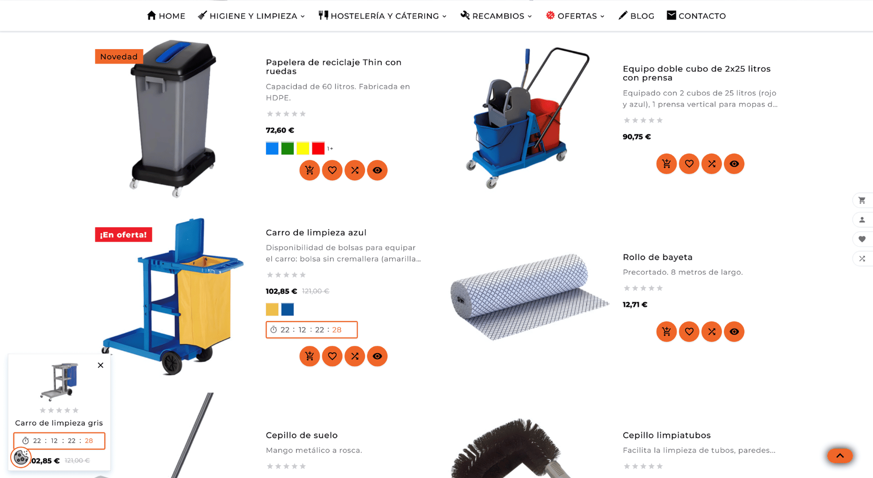 Página de categoría del proyecto web de higiene y limpieza de Logint21 con productos, precios y botones de acción