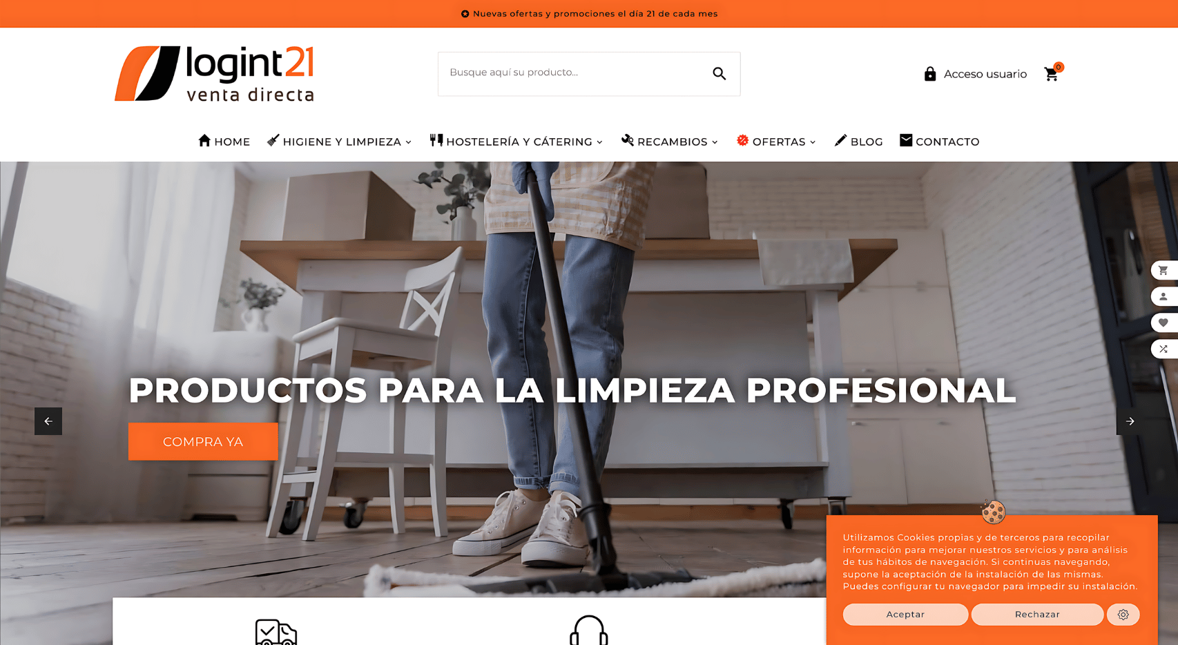 Página de inicio del proyecto web de Logint21 con hero de limpieza profesional, menú superior, buscador y aviso de cookies