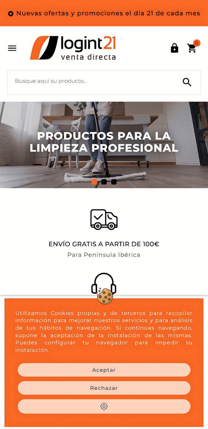 Captura móvil de la página de inicio del proyecto web de Logint21 con cabecera, hero de limpieza profesional, envío gratis y aviso de cookies