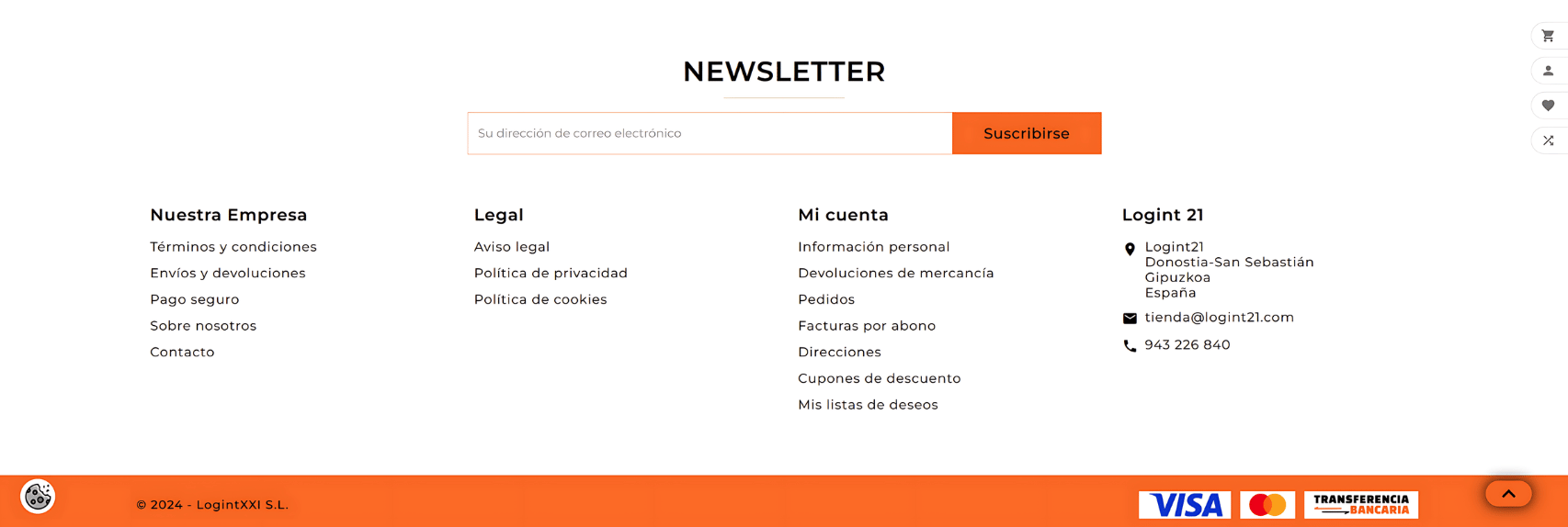 Captura del pie de página del proyecto web de Logint21 con newsletter, enlaces legales, cuenta, contacto y métodos de pago