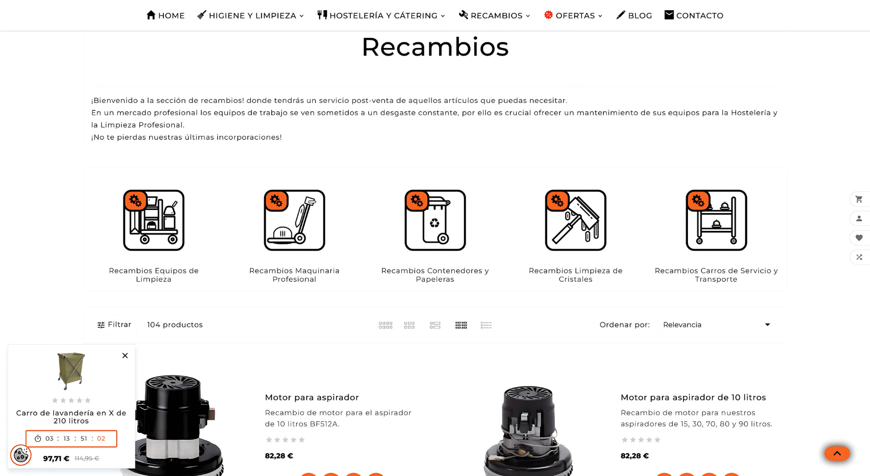 Captura de la sección Recambios del proyecto web de Logint21 con iconos de categorías, filtros y productos de repuesto