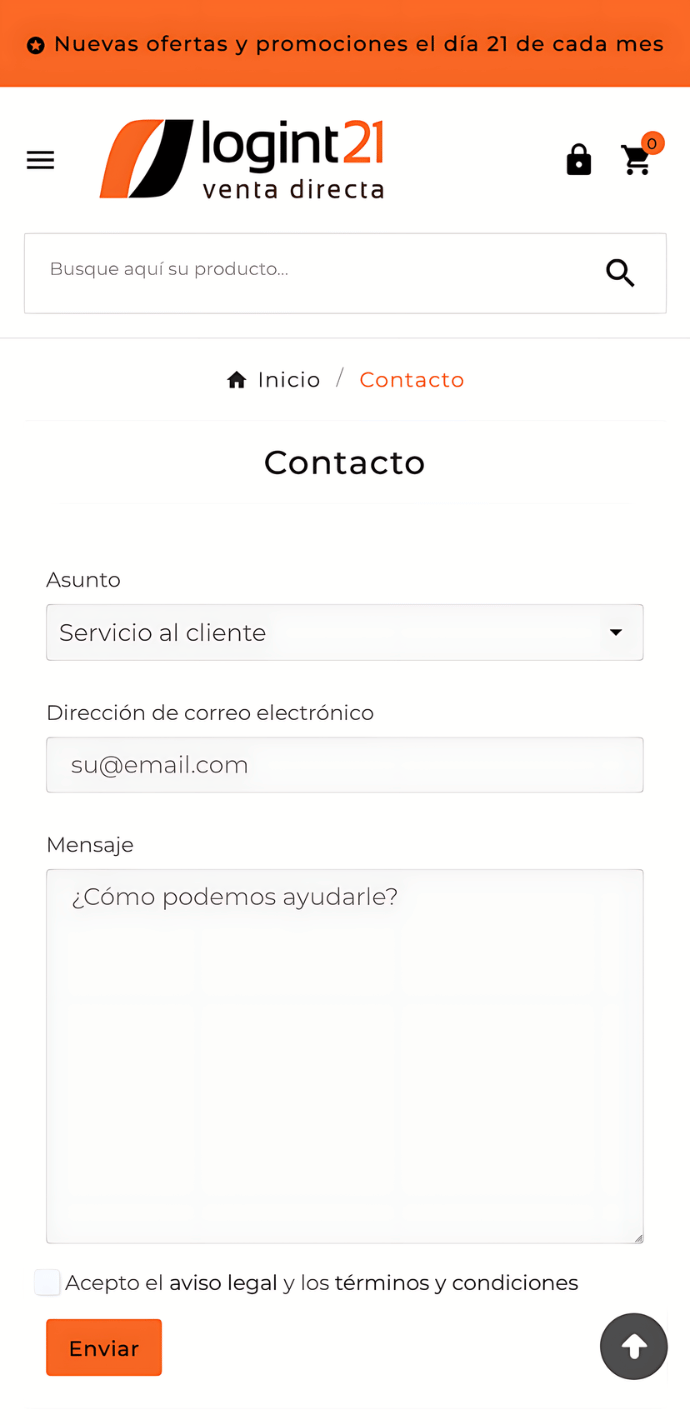 Captura móvil de la página de contacto del proyecto web de Logint21 con buscador, formulario, casilla legal y botón de envío