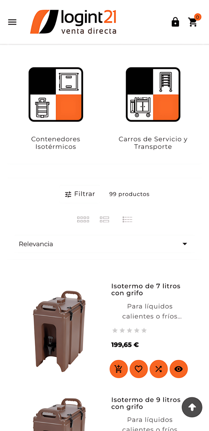 Captura móvil de la página de categorías del proyecto web de Logint21 con categorías de productos, filtros e isotermos con grifo en el listado