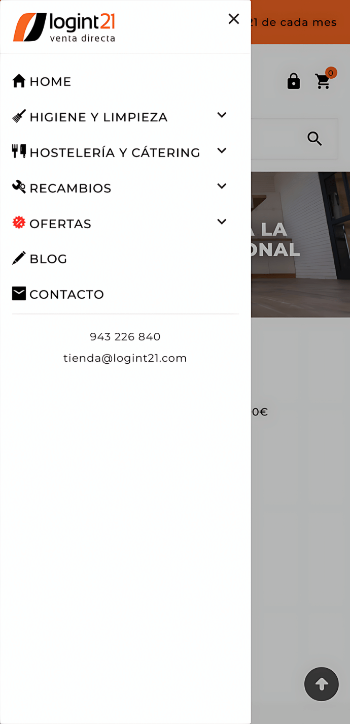 Captura móvil del menú lateral del proyecto web de Logint21 con navegación, categorías, teléfono y correo de contacto