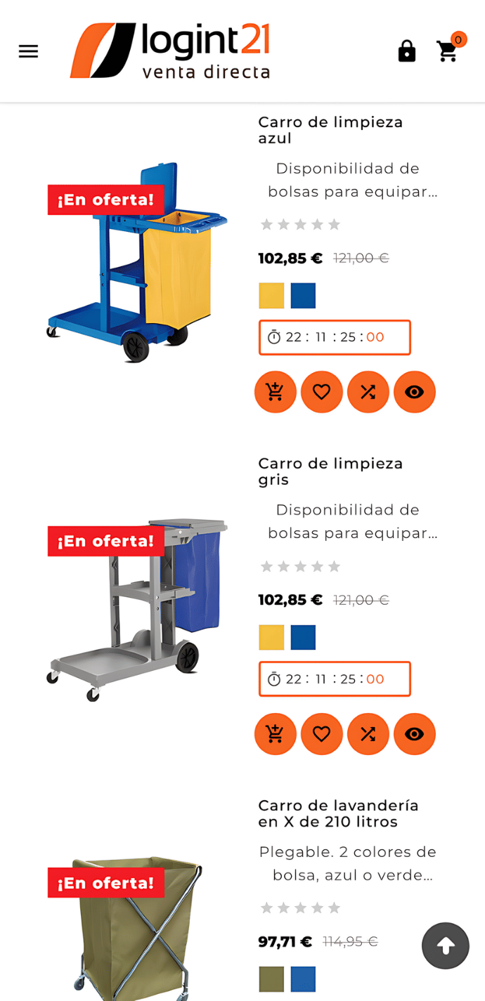 Captura móvil de la página de ofertas del proyecto web de Logint21 con listado de ofertas, carros de limpieza, precios rebajados y botones de acción