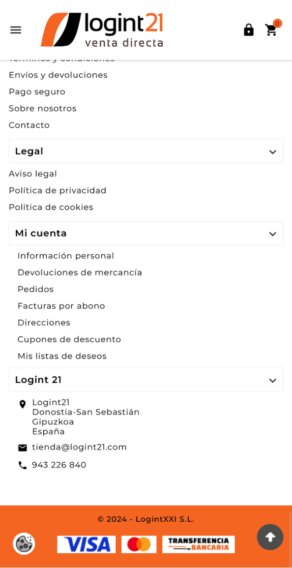 Captura móvil del pie de página del proyecto web de Logint21 con enlaces legales, cuenta, contacto, pagos y botón de volver arriba