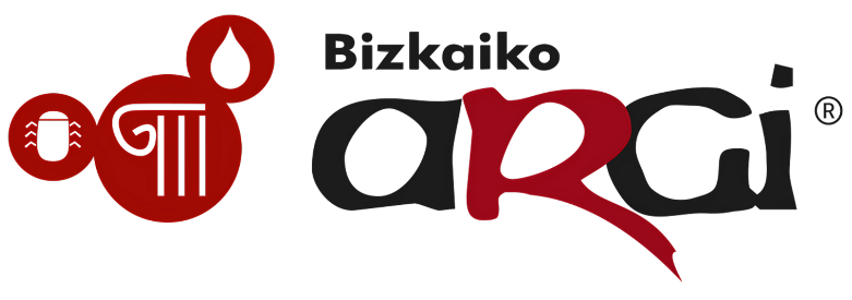 Logotipo de Bizkaiko Argi con una columna estilizada en rojo y el texto "Bizkaiko Argi" en negro y rojo