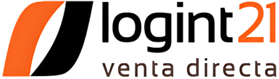 Logotipo de Logint21 con letras negras y naranjas y el eslogan "venta directa" en color blanco