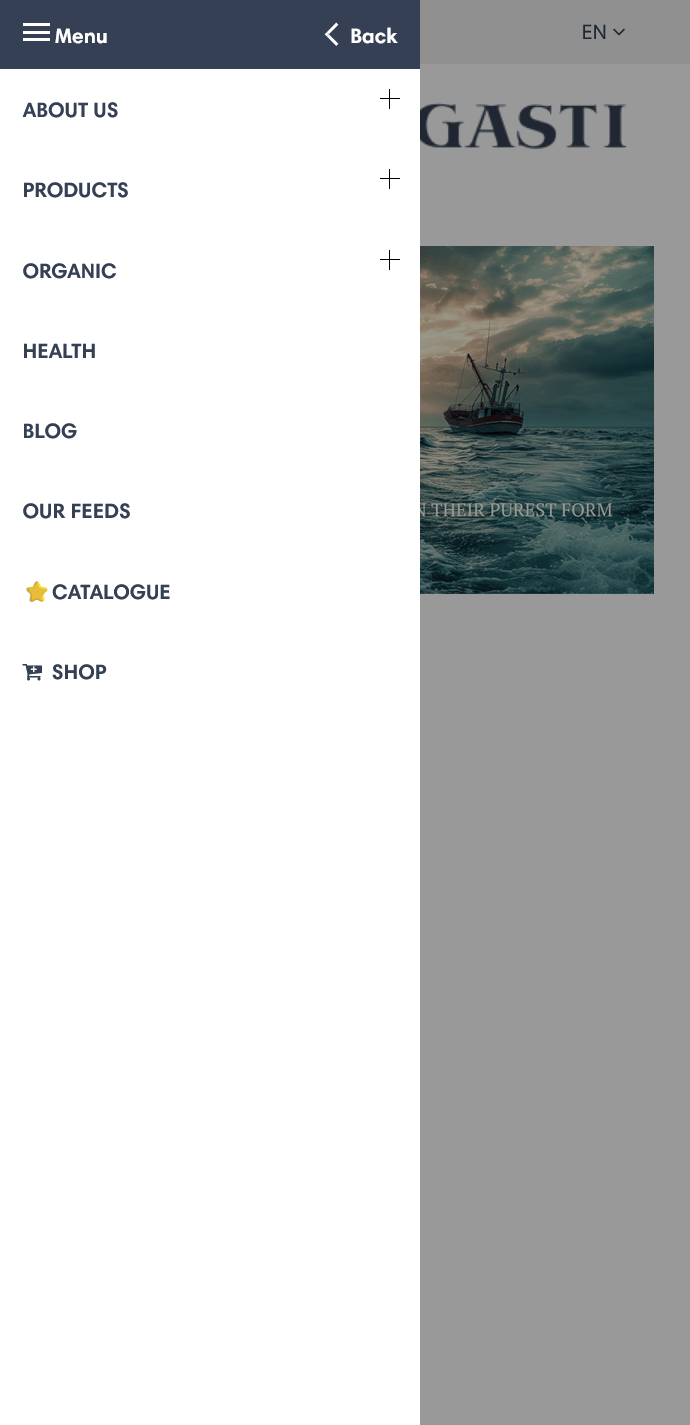 Sección menú (Menu) en ingles de la versión móvil de la página web de Conservas Olasagasti, con enlaces a las secciones de productos, salud, blog y tienda