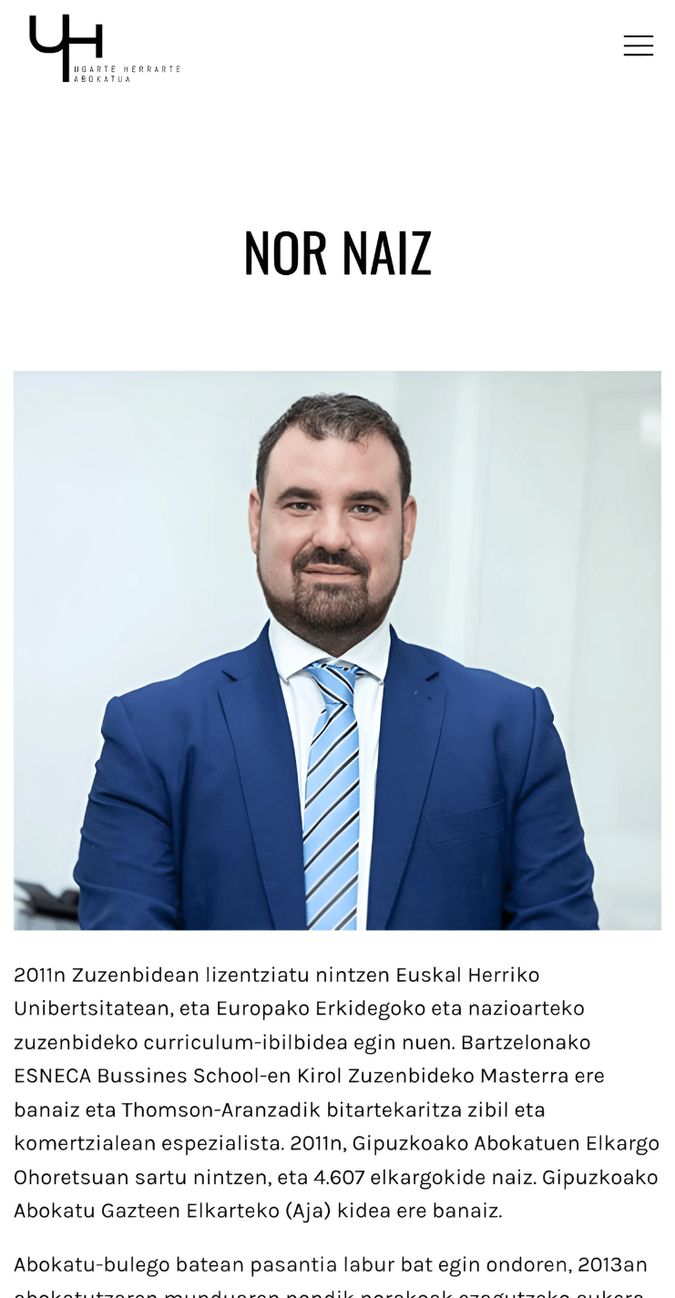 Sección Sobre mí (Nor Naiz) en euskera de la versión móvil de la página web de Iban Ugarte Herrarte Abokatua, con una imagen de Iban Ugarte