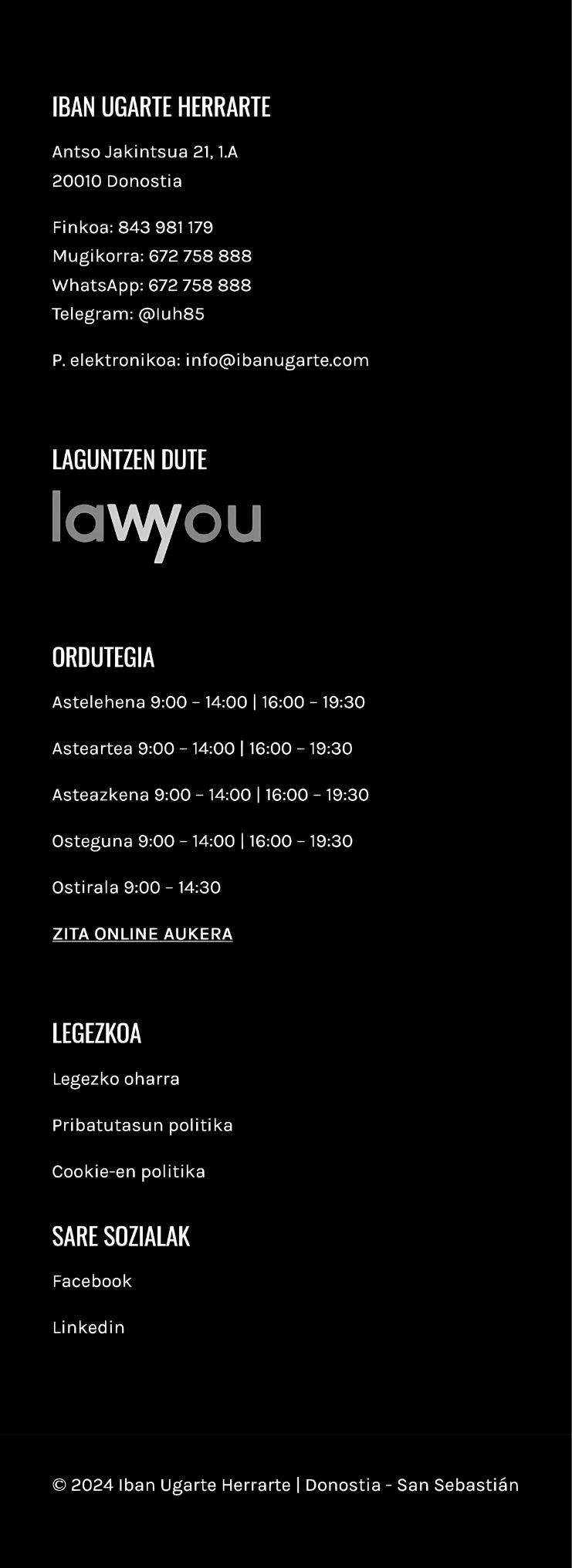 Sección Pie de Página (Oin Orria) de la versión móvil de la página web de Iban Ugarte Herrarte Abokatua, con datos de contacto y enlaces legales