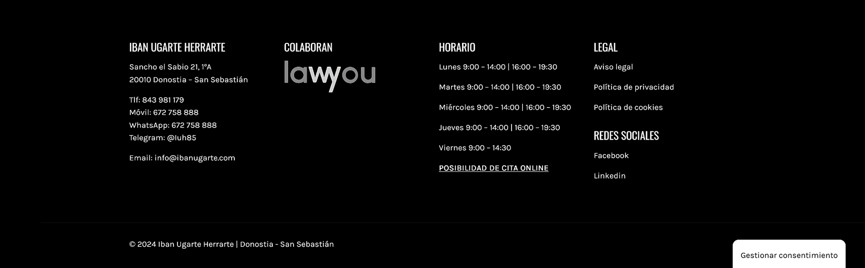 Pie de página de la página web de Ugarte Herrarte Abokatua, despacho de abogados dirigido por Iban Ugarte
