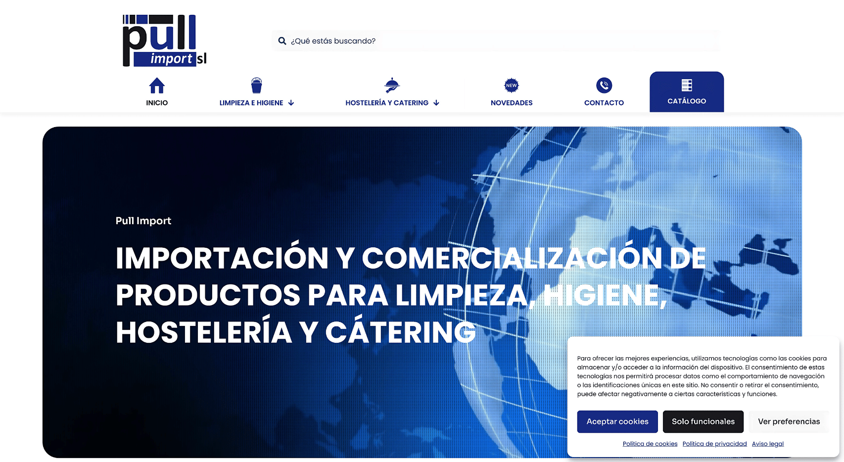 Página de inicio del proyecto web de Pull Import con hero azul, menú superior, buscador y aviso de cookies