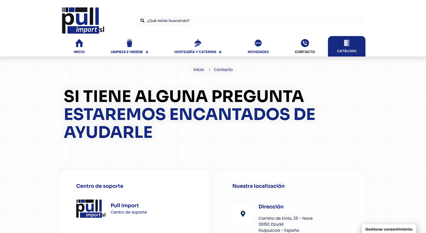 Página de contacto del proyecto web de Pull Import con menú, buscador, soporte y datos de localización visibles
