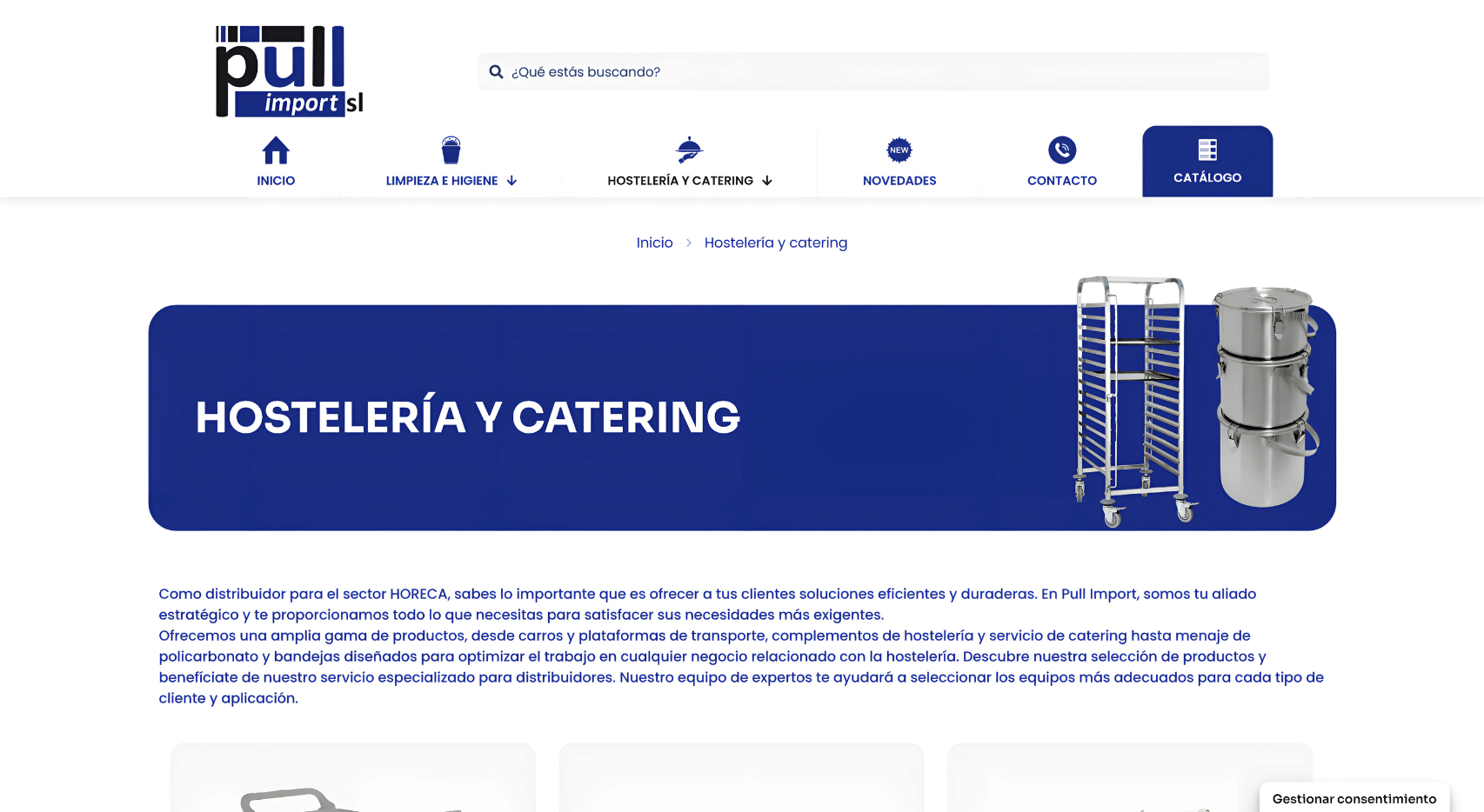 Sección Hostelería y catering del proyecto web de Pull Import con banner azul, carros de servicio y recipientes para cocina profesional