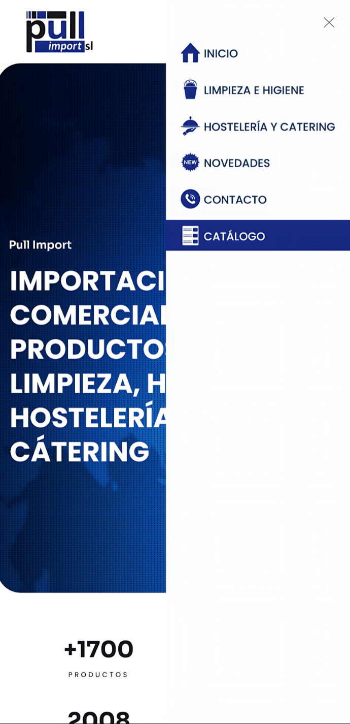 Captura móvil del menú lateral del proyecto web de Pull Import con enlaces a inicio, limpieza, hostelería, novedades, contacto y catálogo