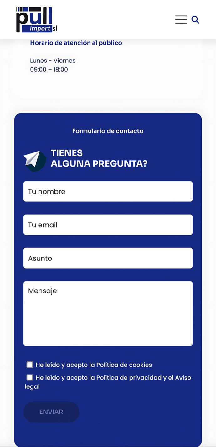 Captura móvil de la página de contacto del proyecto web de Pull Import con formulario de contacto, horario de atención y campos para nombre, email, asunto y mensaje