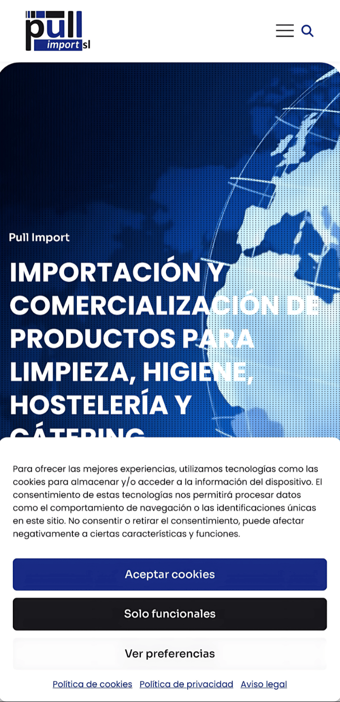 Captura móvil de la página de inicio del proyecto web de Pull Import con hero azul, menú superior y aviso de cookies en la página de inicio
