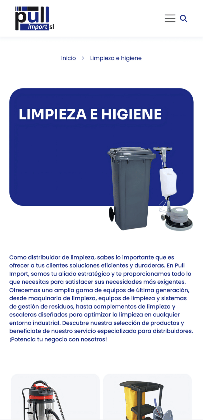 Captura móvil de la página Limpieza e Higiene del proyecto web de Pull Import con sección, texto descriptivo y productos de limpieza profesional