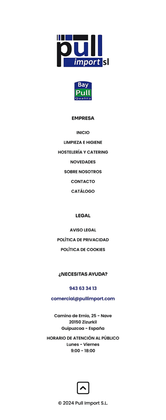 Pie de página móvil del proyecto web de Pull Import SL con logotipo, menú, datos de contacto, horario, enlaces legales y botón de volver arriba