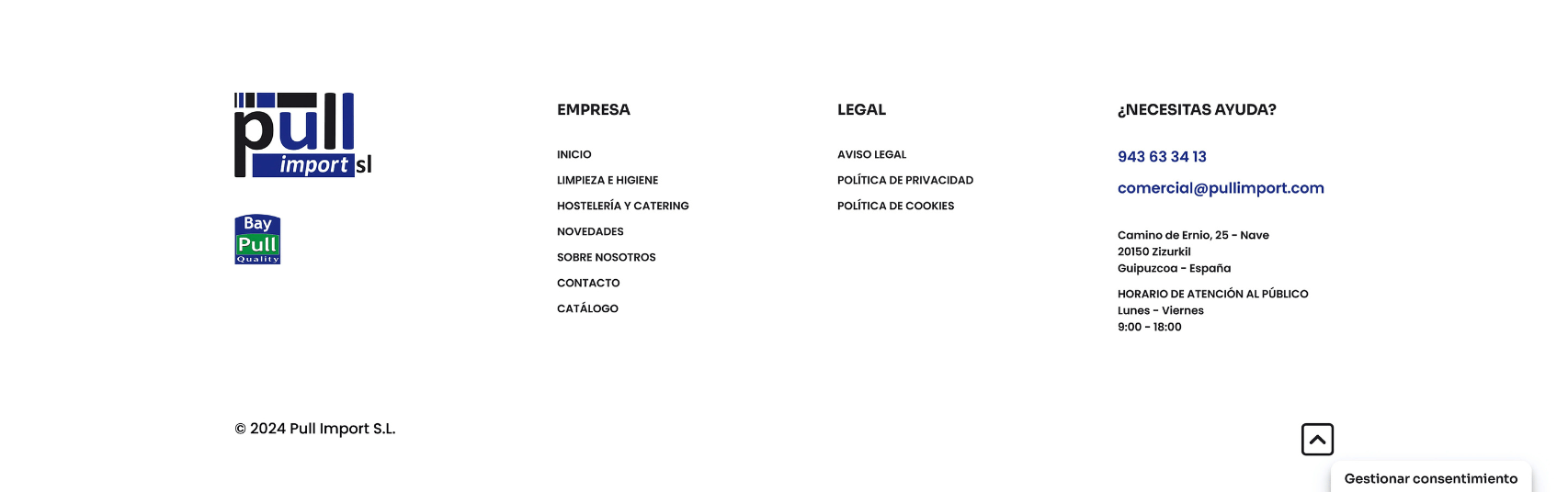Captura del pie de página del proyecto web de Pull Import con logotipo, menú, enlaces legales, contacto, horario y consentimiento