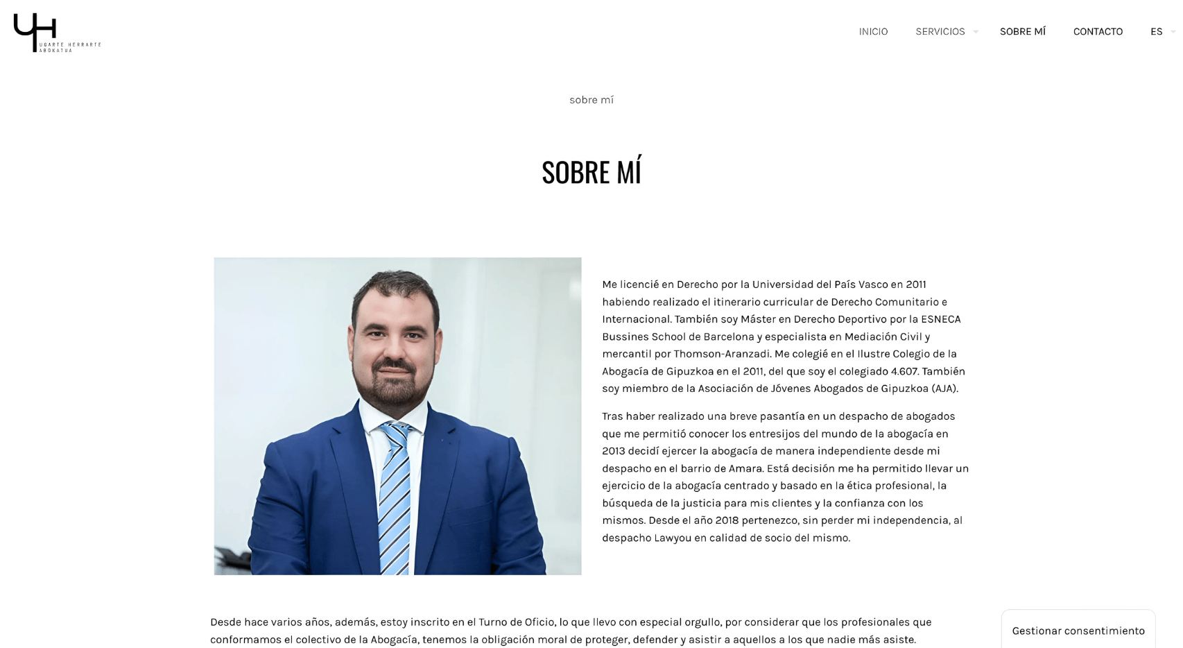 Sección sobre mí de la página web de Ugarte Herrarte Abokatua, con una imagen de Iban Ugarte, abogado especializado en derecho laboral, civil, de familia y deportivo